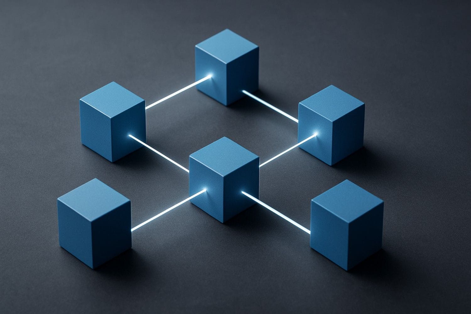 blue boxes connecting each other showing blockchain working model