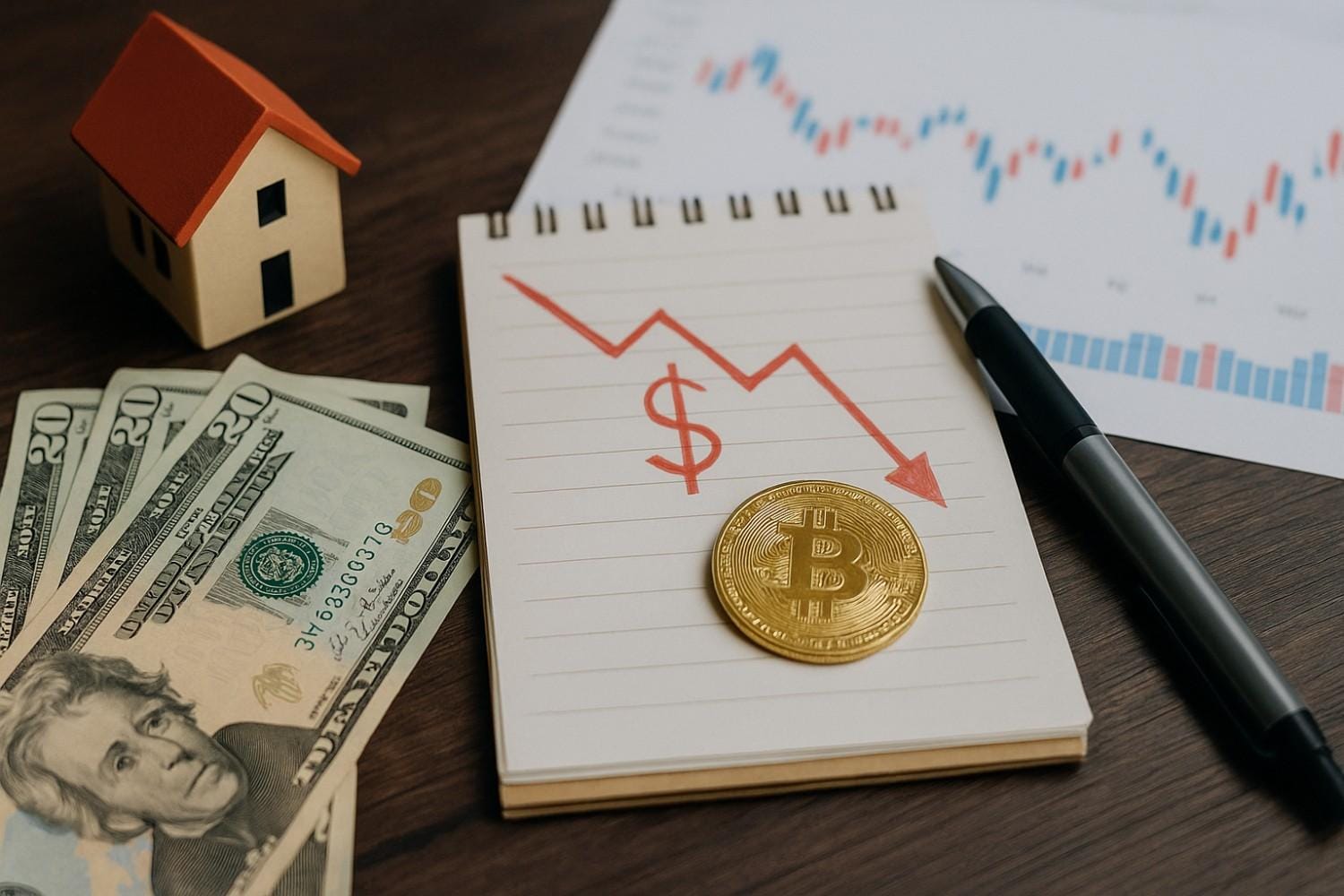 one golden bitcoin with notes, pen and dollars